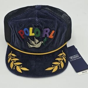 NWT Polo Ralph Lauren Navy Corduroy PEACE LOVE DOVE Trucker Baseball Cap Hat 🔥